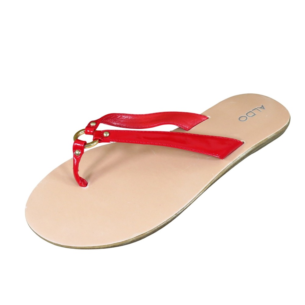 Aldo Women Thong Sandals Size 40 US 9 Casual Summer Red Patent‎ Gold Hardware